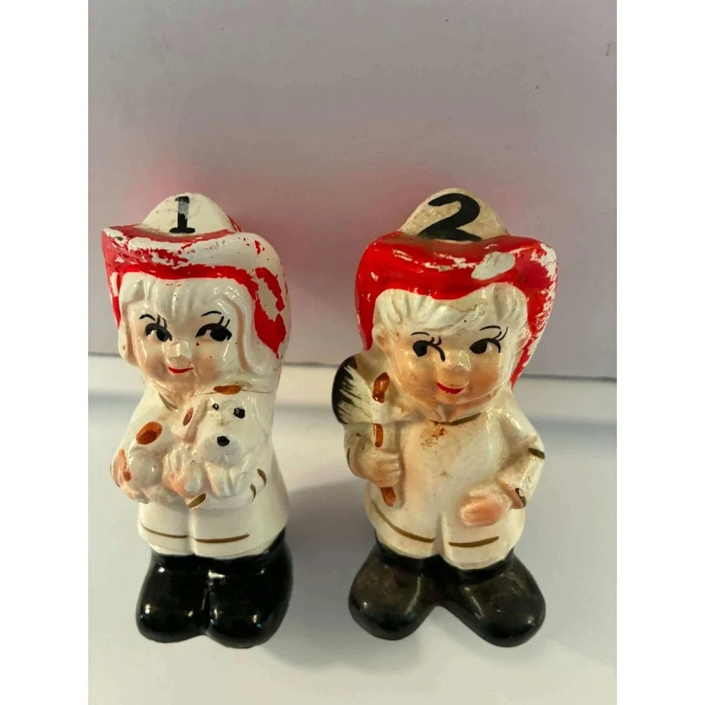 Vintage Japan Salt & Pepper Shakers Set Red Firefighter Boy & Girl Figurines